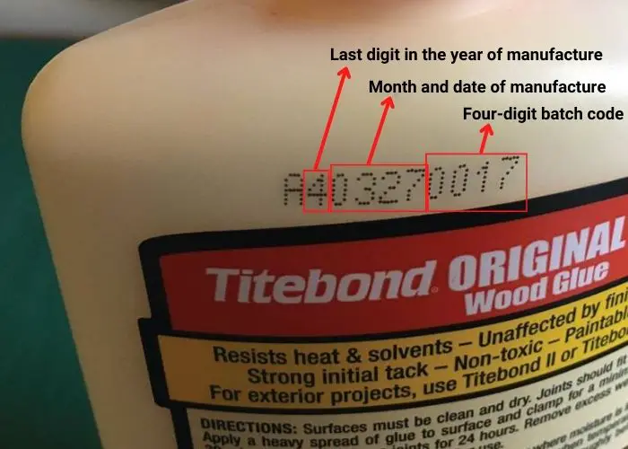 How to read the number stamped on the back of a wood glue bottle