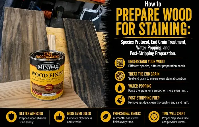 How to Prepare Wood for Staining: Species Protocol, End Grain Treatment, Water-Popping, and Post-Stripping Preparation